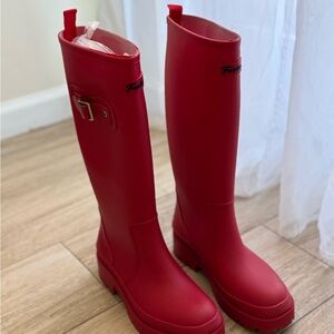 Red Tall Women's Rain Boots with Side Buckle